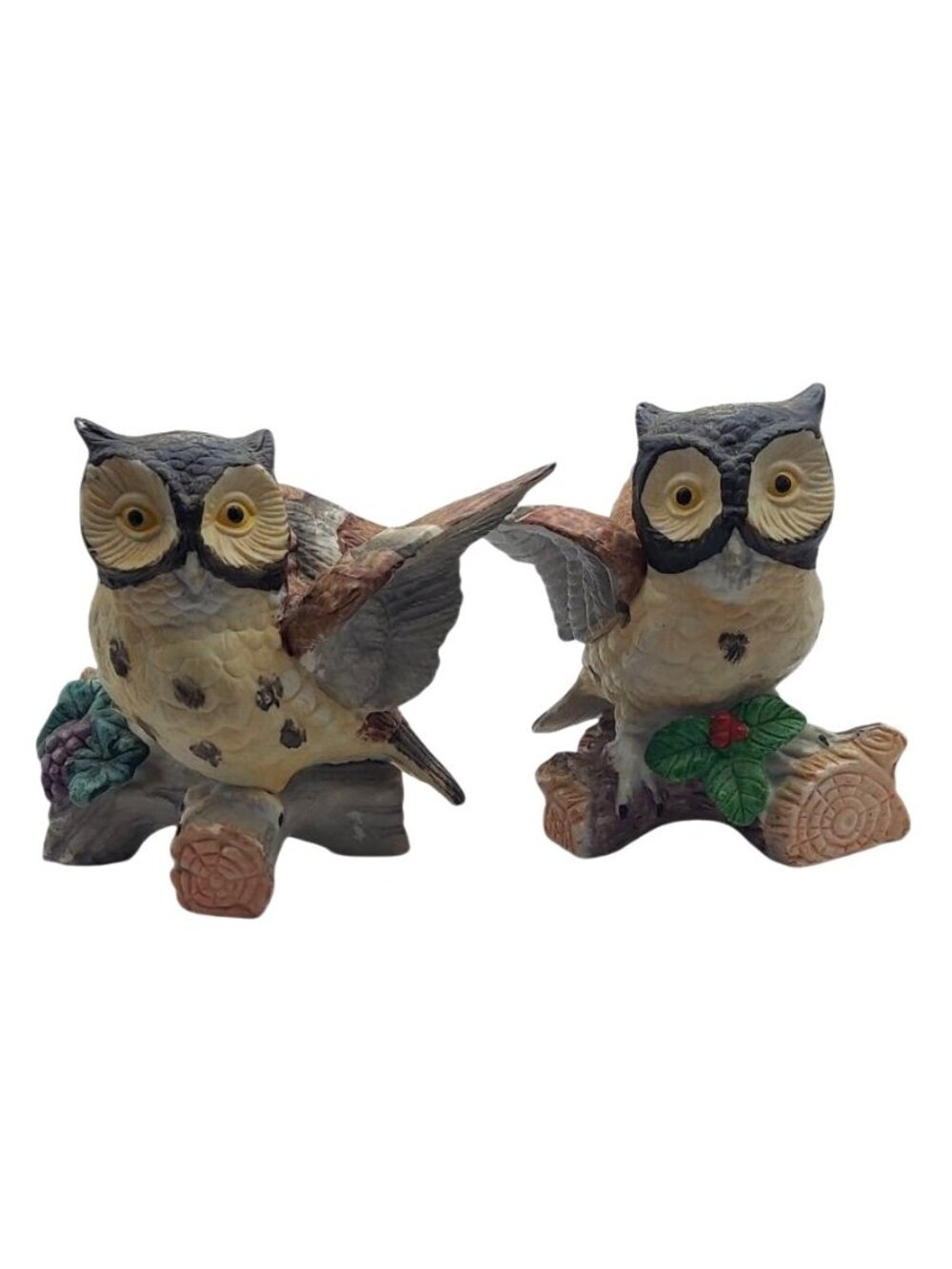 Homeco Owl Figurine On Branch w/ Holly Porcelain Bird Set Of 2 Vtg Collectible